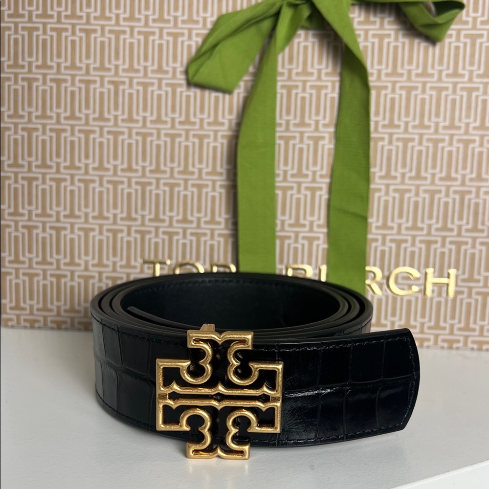 EUC Tory Burch Black Croc-Embossed Belt with Gold Logo Buckle